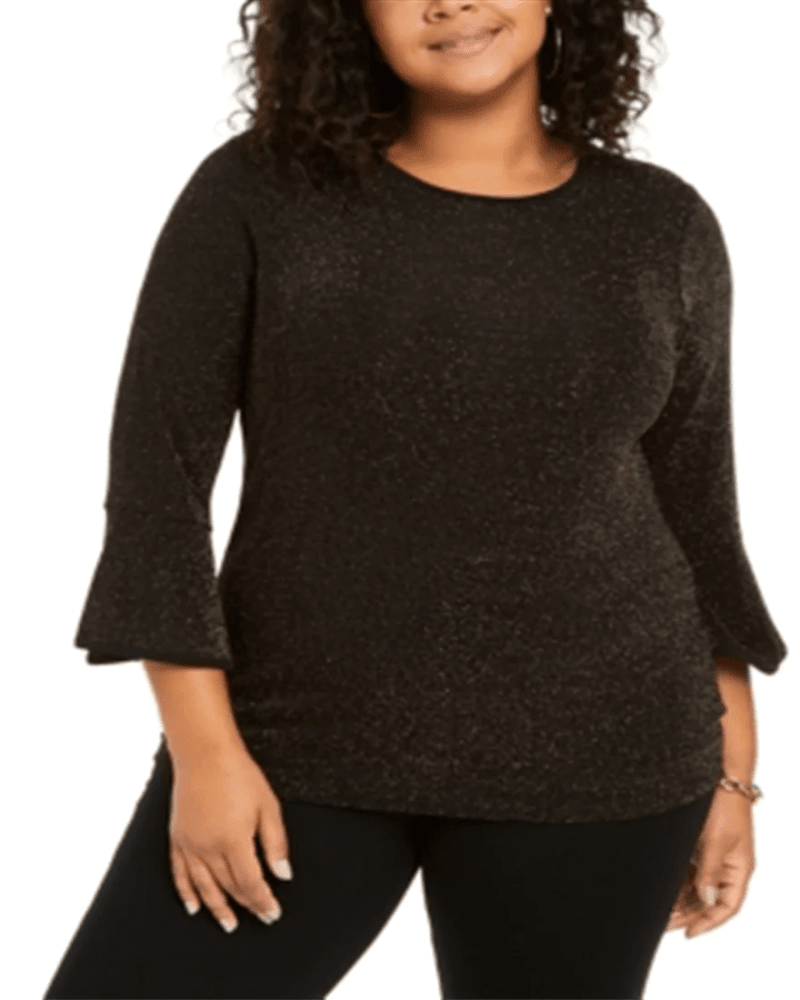 Front of a model wearing a size 0X Michael Kors Women's Plus Sparkle Dot Bell Sleeve Top Black Size 0X in Gray by Michael Kors. | dia_product_style_image_id:311282